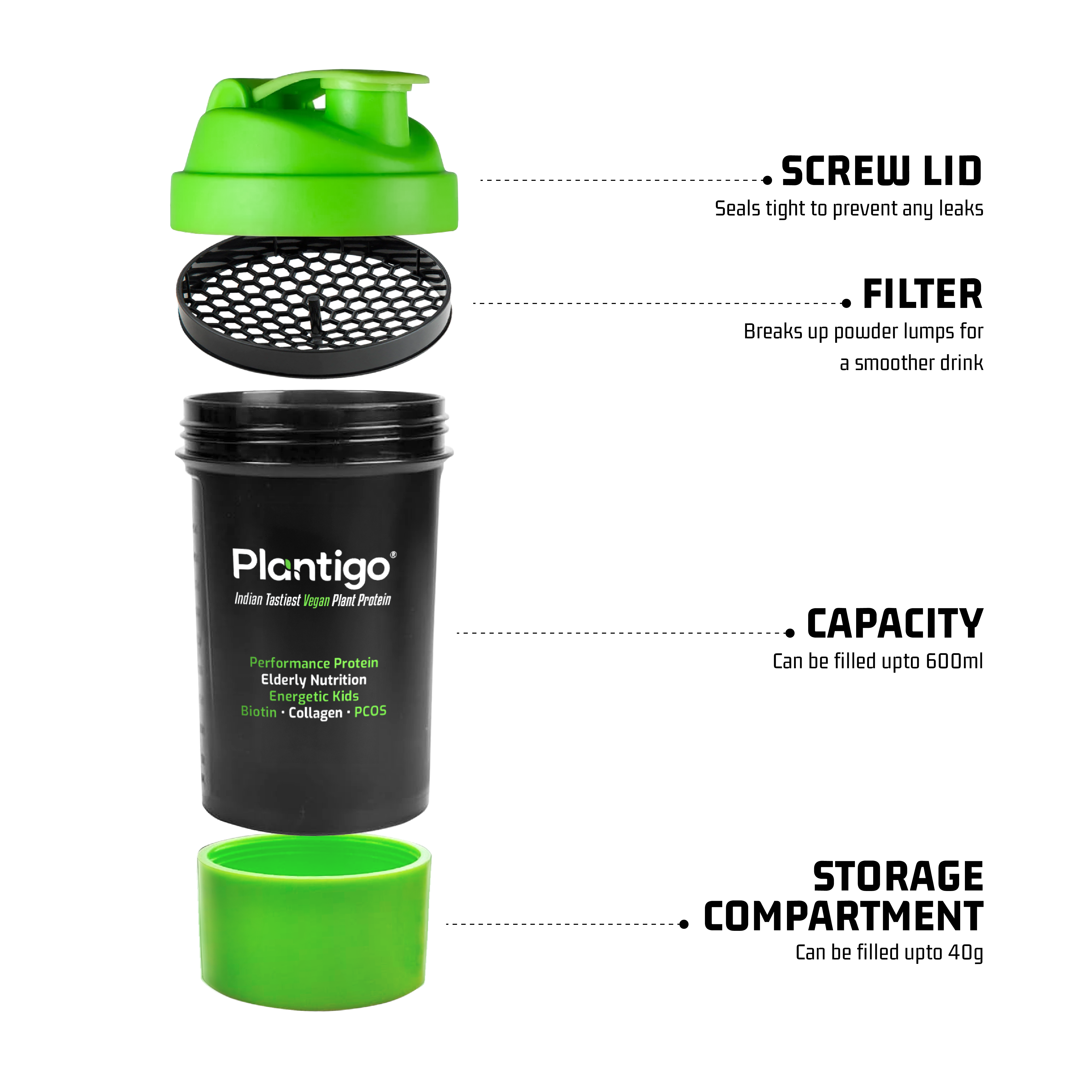 Protein Blender / Shaker Bottle 600 ML - Green Black